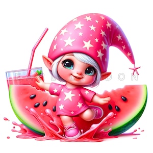 Wassermelone Gnome Clipart - Tropischer Fruchtsaft Splash Art, rosa Aquarell Printables, 15 hochwertige 300 dpi JPEGs, Sommer Sublimation
