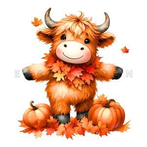 Clipart vache Highland automne - art numérique original animaux de la ferme, imprimables aquarelle Cottagecore, 15 fichiers JPEG 300 DPI de haute qualité, journal d'automne