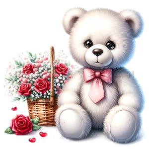 Romantic Teddy Bear Clipart - Cute Valentines Digital Art, Floral Watercolor Printables, 15 High Quality 300 DPI JPEG, Paper Craft, Journals