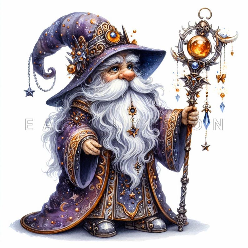 Whimsy Wizard Steampunk Wizard Gnome Clipart – Whimsical Dark Magic Dwarf, Watercolor ...