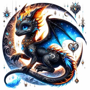 Crescent Moon Dragon Clipart - Feuer & Eis Baby Dragon Fantasy Art, Schwarz Aquarell Printables, 15 hochwertige 300 DPI JPEGs, Papiermodelle