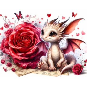 Clipart de Dragon Love Postmaster - Arte de fantasía de dragón bebé floral, imprimibles en acuarela, 15 JPEG de alta calidad de 300 DPI, manualidades de papel románticas