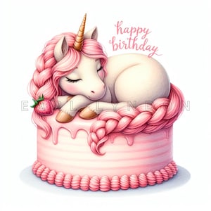 Clipart gâteau d'anniversaire licorne vanille fraise - décoration de fête pour enfants roses mignons, imprimables aquarelles, 15 fichiers JPEG 300 DPI de haute qualité, cartes