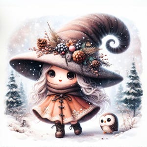 Woodland Witch Explorer Clipart - Art fantastique lunatique de bébé sorcière, imprimables aquarelles, 15 fichiers JPEG 300 DPI de haute qualité, travaux manuels d'hiver en papier