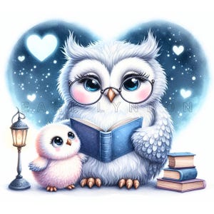 Clipart de coruja, avó, avô, neta, neto - Arte de fantasia com amor em família, imprimíveis em aquarela, 15 JPEGs de alta qualidade de 300 DPI, diários