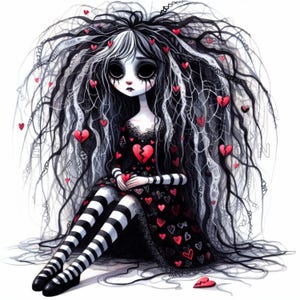 Clipart de chica con el corazón roto JPG 15 peculiares muñecas negras de San Valentín, impresiones digitales de diario basura, imágenes prediseñadas imprimibles de acuarela para álbum de recortes, 300 DPI