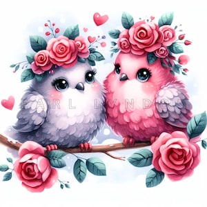 Clipart de palomas de San Valentín: arte digital de parejas de pájaros adorables y caprichosos, imprimibles florales en acuarela, PNG de alta calidad de 300 DPI, revistas