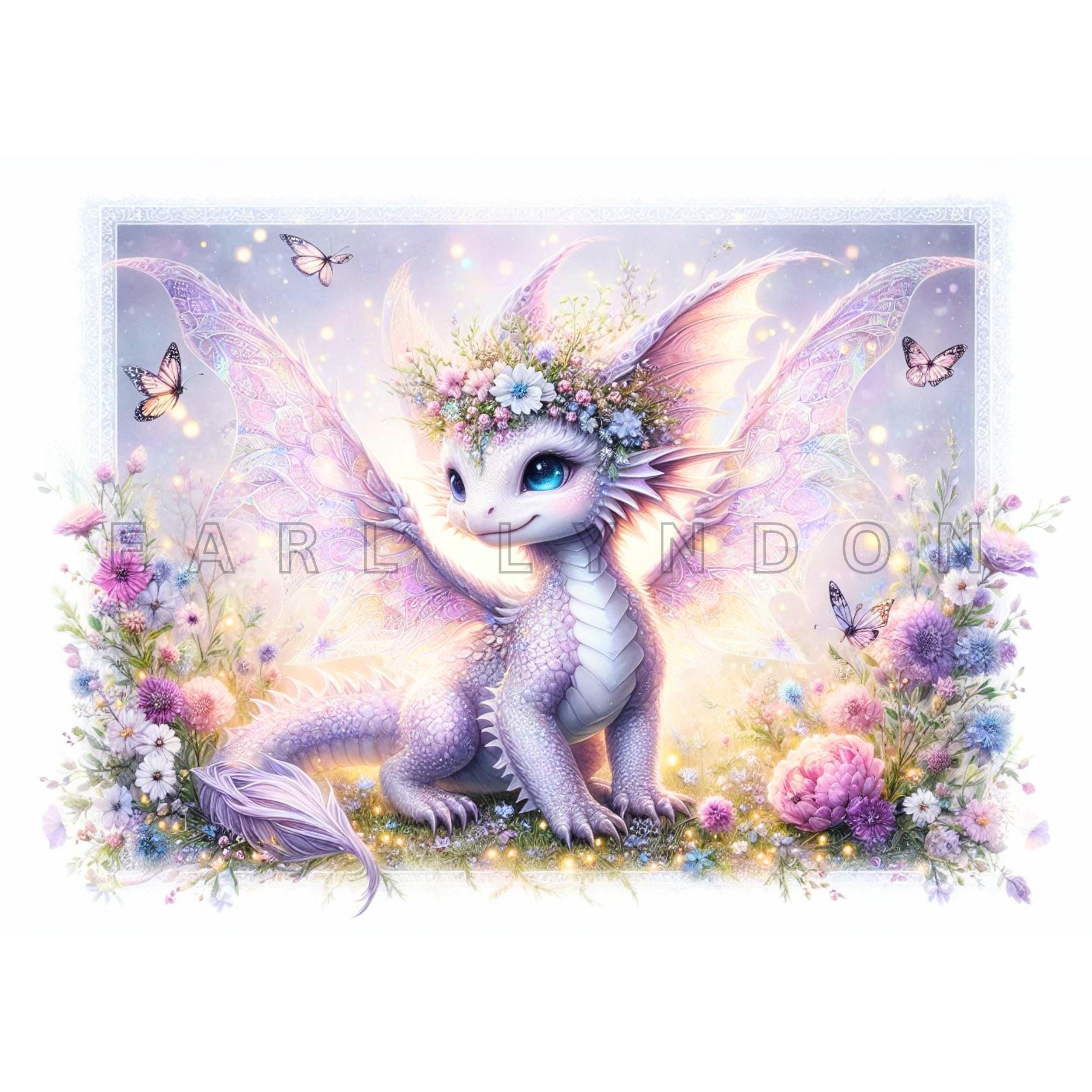 Spring Dragon Clipart - Baby Dragon Digital Prints, Floral Watercolor ...