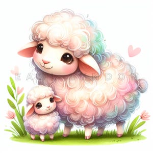 Clipart maman mouton bébé agneau - art fantastique fête des mères, imprimables aquarelle de printemps, 15 fichiers JPEG 300 DPI de haute qualité, travaux manuels en papier pour maman