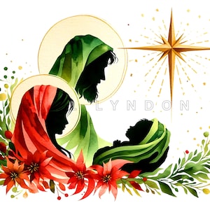 Crèche florale des cliparts - Art numérique de Noël de la naissance de Jésus, imprimables aquarelles, 15 haute qualité 300 DPI JPEG, journal indésirable, travaux manuels