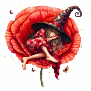 May include: A whimsical illustration of a sleeping figure nestled within a large red poppy. The figure wears a red and white checkered dress and a pointed hat with a matching pattern. Butterflies and golden specks float around the flower.