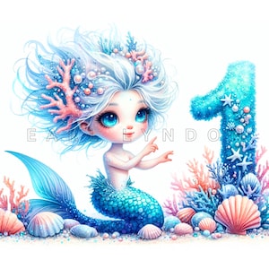 Clipart de aniversário de sereia - Arte digital de números caprichosos sob o mar, imprimíveis em aquarela, 15 PNGs de alta qualidade de 300 DPI, topo de bolo