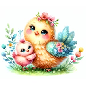 Clipart maman poule bébé poussin - art fantastique fête des mères, imprimables aquarelle florale, 15 fichiers JPEG 300 DPI de haute qualité, projets de bricolage pour maman