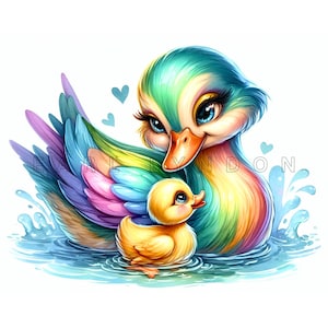 Clipart maman bébé canard - art fantastique pour la fête des mères, imprimables aquarelle d'été, 15 fichiers JPEG 300 DPI de haute qualité, travaux manuels en papier pour maman