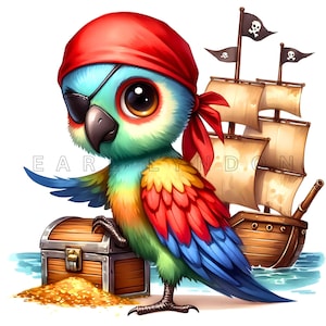 Puede incluir: Un loro colorido con un pañuelo de pirata rojo y un parche en el ojo se encuentra junto a un cofre del tesoro de madera lleno de monedas de oro. Un barco pirata con velas y banderas de calavera y huesos cruzados está en el fondo.