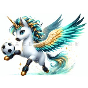 Chic Fußball UNICORN Clipart PNG 15 sportliche Baby Einhorn Kicker Junk Journal Digitale Kunst Drucke Aquarell druckbare Clip Art 300 DPI