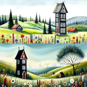 Conjunto de clipart de primavera horizontal para campo 1 - Arte de fantasia floral, imprimíveis em aquarela, 15 JPEGs de alta qualidade de 300 DPI, cartão de felicitações