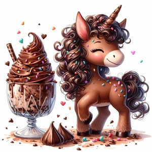 Mokka Mousse UNICORN Clipart JPG 15 Baby Einhorn und Eis Junk Journal Digitale Kunst Drucke Aquarell druckbare Clip Art 300 DPI