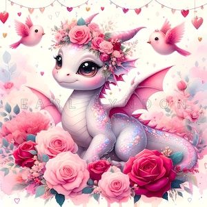 Rose Dragon Clipart - Impressões digitais de bebê dragão, imprimíveis florais em aquarela, 15 JPEGs de alta qualidade de 300 DPI, artesanato em papel, diário, fantasia