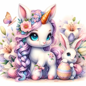 Könnte beinhalten: Ein pinkfarbenes und violettes Einhorn mit einer Blumenkrone und einer geflochtenen Mähne steht neben einem weißen Kaninchen, das ein buntes Osterei hält. Der Hintergrund zeigt weiße Blumen und ein pinkfarbenes und weißes Blumenmuster.