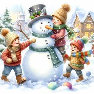 Bambini che giocano nella neve Clipart PNG 15 clipart di vacanza nel paese delle meraviglie invernale Stampe d'arte digitale Clip art stampabile ad acquerello 300 DPI