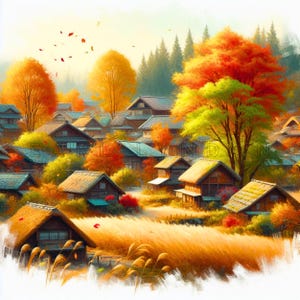 Tranquil Autumn Village Clipart - Traditional Cottagecore Landscape Digital Art, Fall Watercolor Printables, 15 High Quality 300 DPI JPEGs