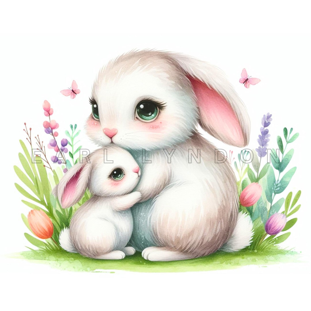 Mama Baby Rabbit Clipart - Bunny Mother's Day Floral Watercolor ...
