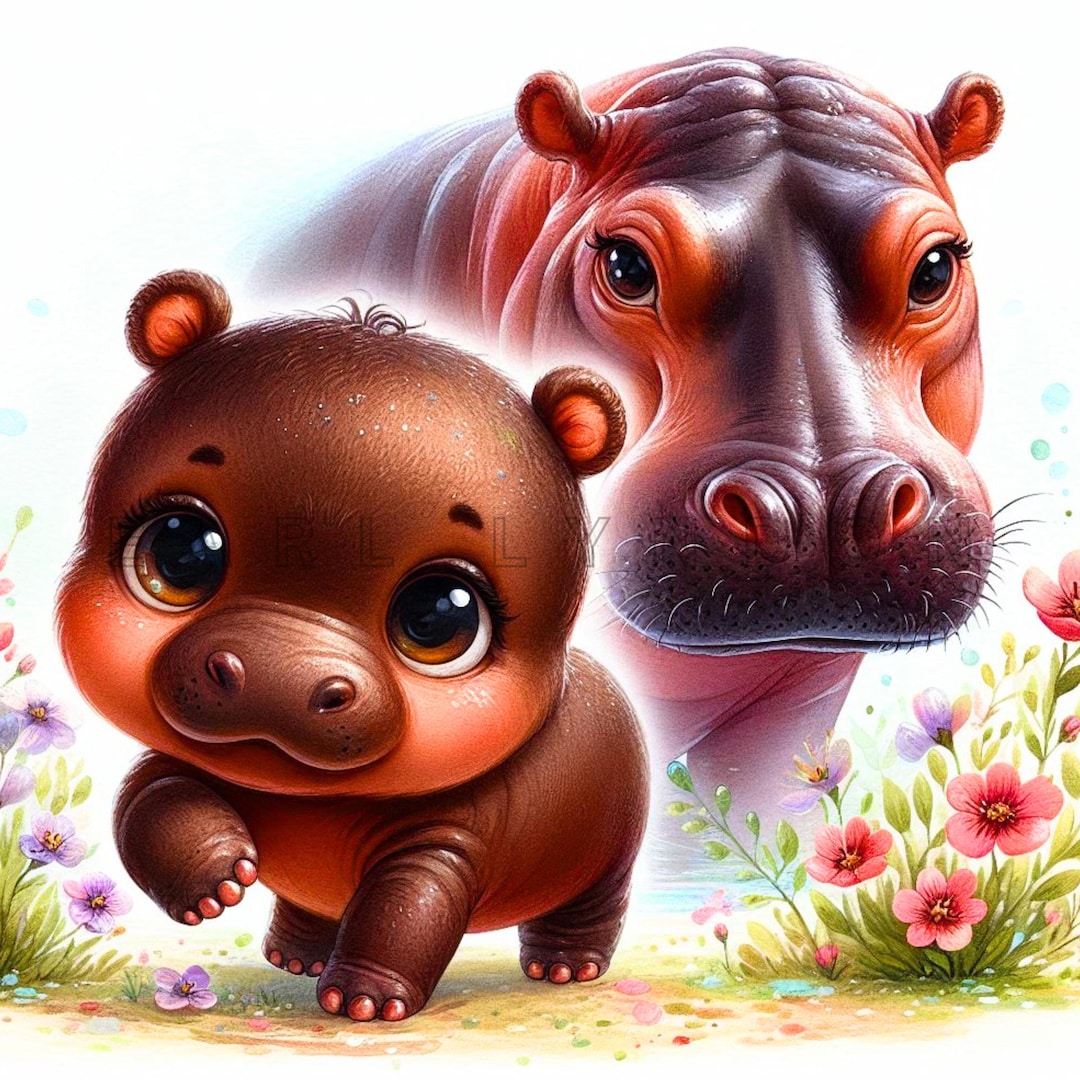 Moo Deng and Mom Clipart – Moodeng Hippo Digital Prints for DIY