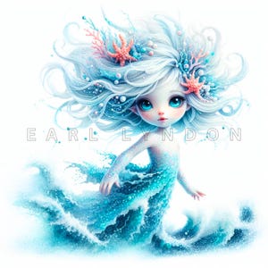 Cyan Nymphe Clipart - Wunderliche Marine Puppe Fantasy Kunst, Aquarell Printables, 15 hochwertige 300 dpi PNGs, Mermaid Prints, Journals