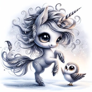 Clipart licorne ami hibou - art fantastique bébé licorne enneigé, imprimables aquarelles, 15 fichiers JPEG 300 DPI de haute qualité, travaux manuels en papier poulain d'hiver