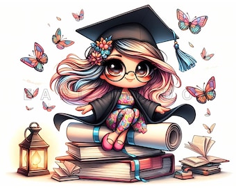 May include: A cartoon illustration of a girl wearing a graduation cap and gown, sitting on a rolled up diploma. She is surrounded by books and butterflies. The girl has long pink and blue hair, and she is wearing glasses.