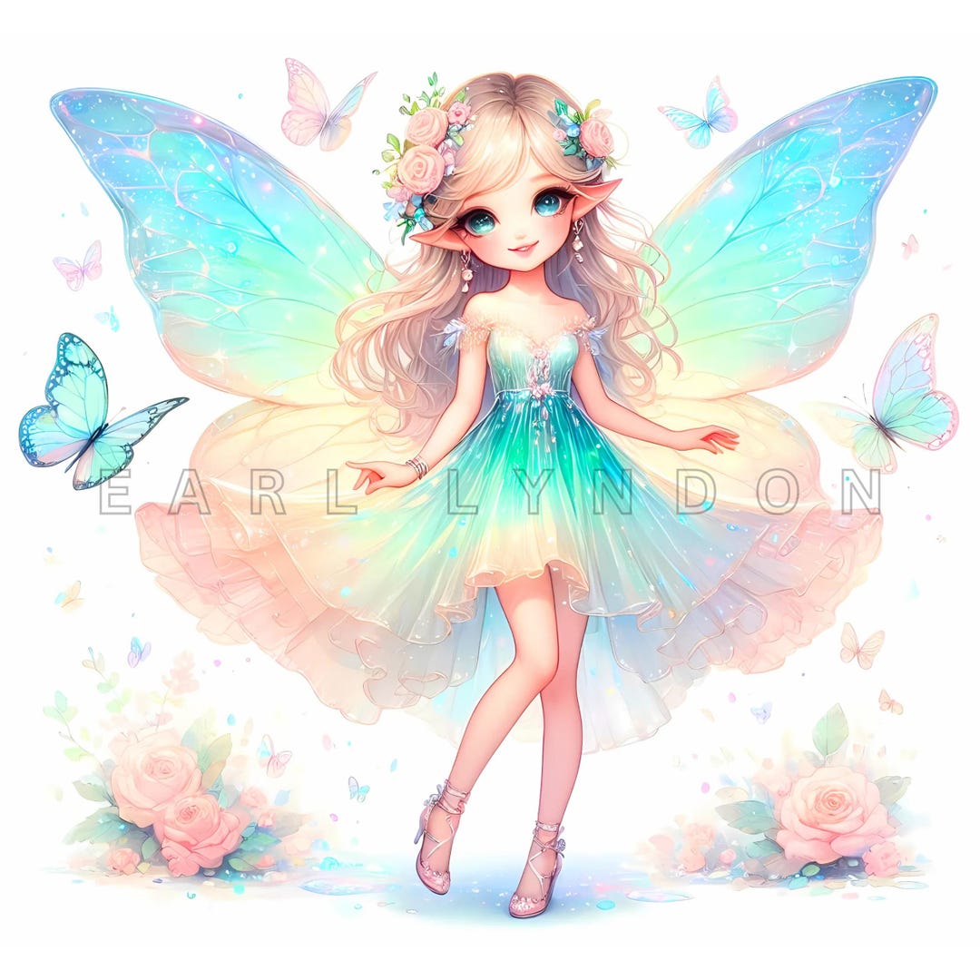 Butterfly Fairy Clipart - Elegant Fantasy Art, Pastel Blue Watercolor ...