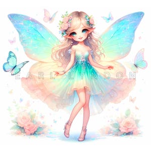 Clipart fée papillon - art fantastique élégant, imprimables aquarelle bleu pastel, 15 fichiers JPEG 300 DPI de haute qualité, projets de bricolage floraux