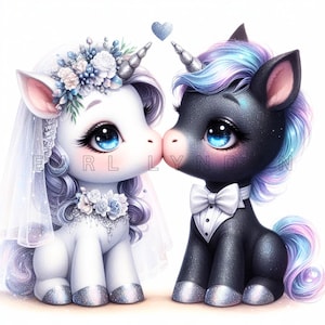 Bruiloft eenhoorns clipart PNG 15 schattige grillige eenhoorn paar poppen digitale kunst wordt afgedrukt aquarel afdrukbare illustraties 300 DPI