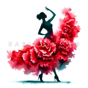 Clipart de bailarina de flamenco: arte digital con silueta de danza española, imprimibles florales en acuarela, 15 JPEG de alta calidad de 300 DPI, manualidades de papel