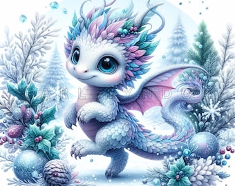 Winter Baby Dragon Clipart - Winter Wonderland Fantasy Art, Frosty Watercolor Printables, 15 High Quality 300 DPI JPEGs, Kawaii DIY Projects