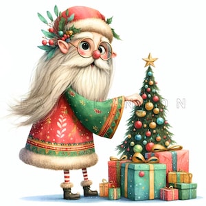 Clipart de gnomo de Papai Noel brincalhão - Arte digital peculiar de Natal, imprimíveis em aquarela para o feriado, 15 PNG de alta qualidade com 300 DPI, diário de sucata, artesanato
