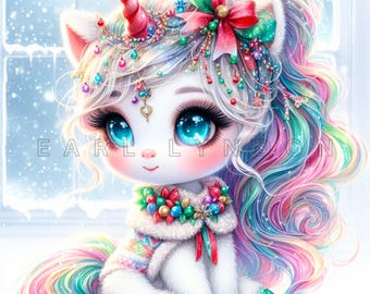 Christmas Vtuber UNICORN Clipart PNG 15 cute baby streamer Holiday junk journal Digital art prints Watercolor printable clip art 300 DPI