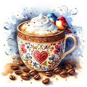 Clipart tazza da caffè di San Valentino - Amanti stravaganti della cioccolata calda, arte digitale della tazza da tè, stampe ad acquerello, 15 PNG di alta qualità a 300 DPI