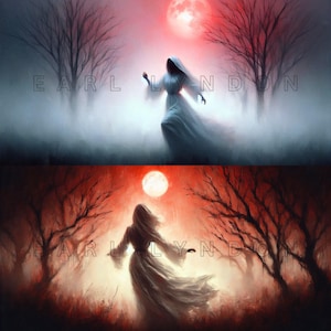 White Witch Horizontal Clipart - Blood Moon Fantasy Art, Spooky Watercolor Printables, 15 High Quality 300 DPI JPEGs, Halloween Wall Decor