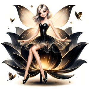 Clipart fata floreale nera - Arte fantasy di tulipano di loto, stampe ad acquerello, 15 JPEG di alta qualità a 300 DPI, lavori di carta, diari spazzatura