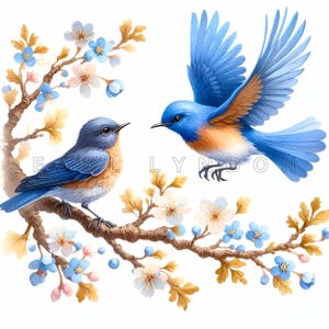 Clipart di uccelli azzurri primaverili - Uccelli che corteggiano e nidificano Arte della natura, stampe floreali ad acquerello, 15 JPEG di alta qualità a 300 DPI, lavoretti di carta