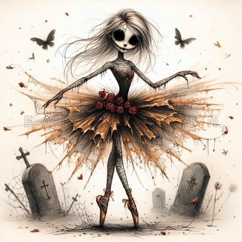 Zombie Ballerina Clipart - Gothic Halloween Doll Fantasy Art, Floral ...