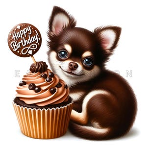 Chihuahua Birthday Cupcake Clipart - Cute Dog Digital Art, Watercolor Printables, 15 High Quality 300 DPI JPEGs, Kids Party Decor, Cards