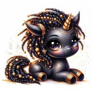 Clipart di unicorno africano - Arte digitale di un grazioso bambino afro nero, stampe ad acquerello, 15 PNG di alta qualità a 300 DPI, lavoretti di carta, diario di scarto