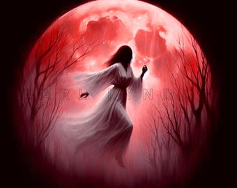 Blood Moon Witch Clipart - Dark Halloween Fantasy Art, Printable Wall Decor, 15 High Quality 300 DPI JPEGs, Paper Crafts, Sublimation Design