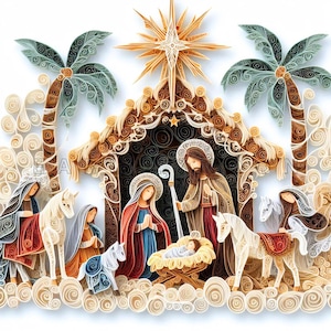May include: A paper quilling nativity scene with a star above the stable. The scene includes Mary, Joseph, baby Jesus, a donkey, a cow, and two palm trees.