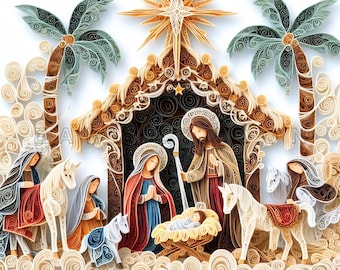 Clipart della scena della NATIVITÀ con quilled PNG 15 storie di famiglia natalizie fantasiose Stampe d'arte digitale per le vacanze Clip art stampabile ad acquerello 300 DPI
