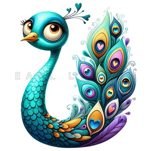 Clipart coeur paon - Art fantastique animal Saint-Valentin, imprimables aquarelle, 15 haute qualité 300 DPI JPEG, créations originales en papier, journal