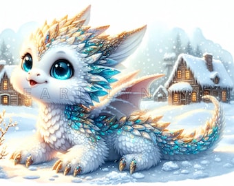 Winter Baby DRAGON Clipart PNG 15 cute baby dragon playing on ice junk journal Digital art prints Watercolor printable clip art 300 DPI